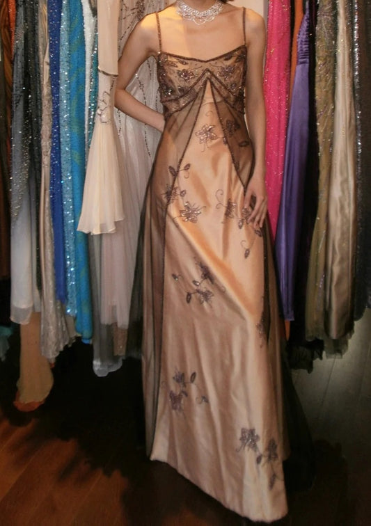 Retro 90s Prom Dress A Line Spaghetti Straps Beaded Gala Gown Evening Dress D5276