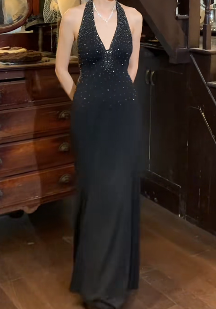 Retro 90s Prom Dress Black Halter Mermaid Gala Gown Evening Dress D5277