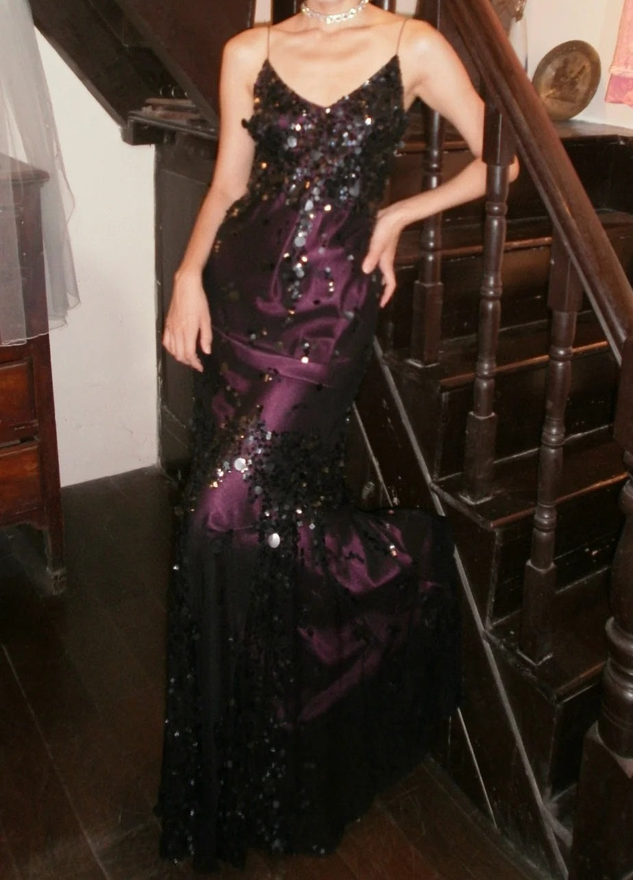 Vintage 90s Prom Dress Spaghetti Straps Sequins Mermaid Gala Gown Evening Dress D5282