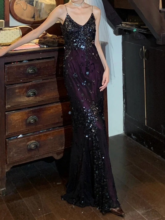 Vintage 90s Prom Dress Spaghetti Straps Sequins Mermaid Gala Gown Evening Dress D5282
