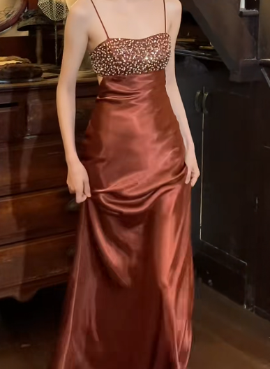 Retro 90s Prom Dress A Line Satin Spaghetti Straps Backless Gala Gown Evening Dress D5283