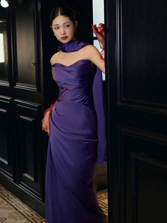 Charmante robe de soirée longue en satin violet sans bretelles, style sirène, D968