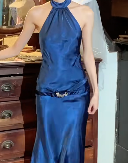 Retro 90s Prom Dress Satin Halter Gala Gown Evening Dress Birthday Party Dress D5291