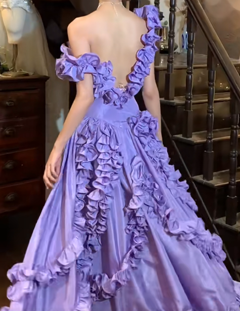 Vintage 90s Prom Dress Satin Light Purple Off Shoulder Pleated Gala Gown Evening Dress D5292