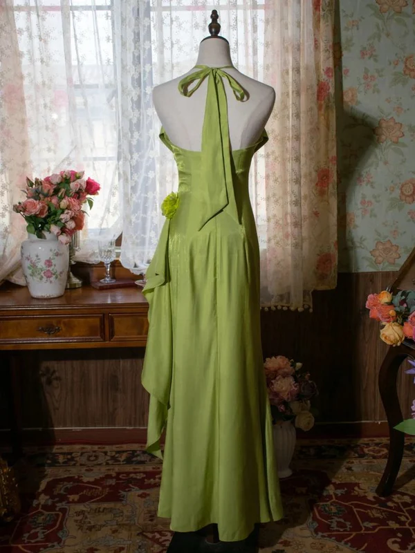 Robe de soirée longue vintage verte à volants et appliques dos nu MD7504