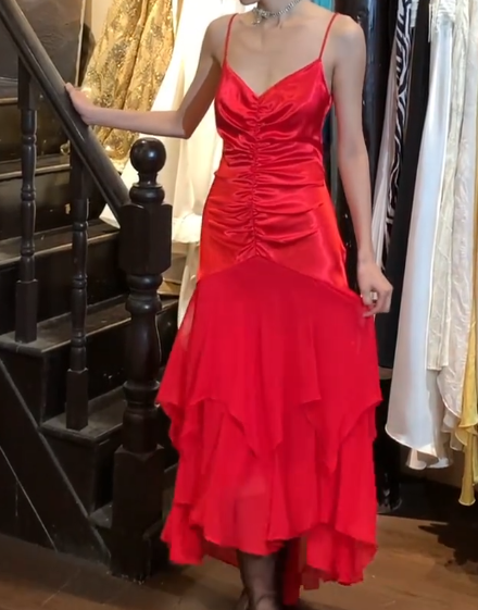 Beauty Prom Dress Red Spaghetti Straps Pleated Mermaid Gala Gown Evening Dress Cocktail Dress D5311