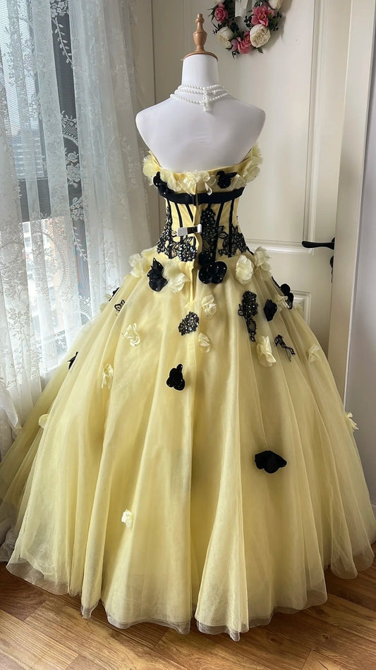 Stunning Ball Gown Strapless Tulle Floral Evening Dress Quinceanera Dress 18th Birthday Prom Gown D5323