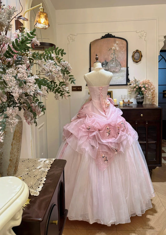 Elegant Ball Gown Light Pink Strapless Pleated Tulle Evening Dress Quinceanera Dress 18th Birthday Prom Gown D5328