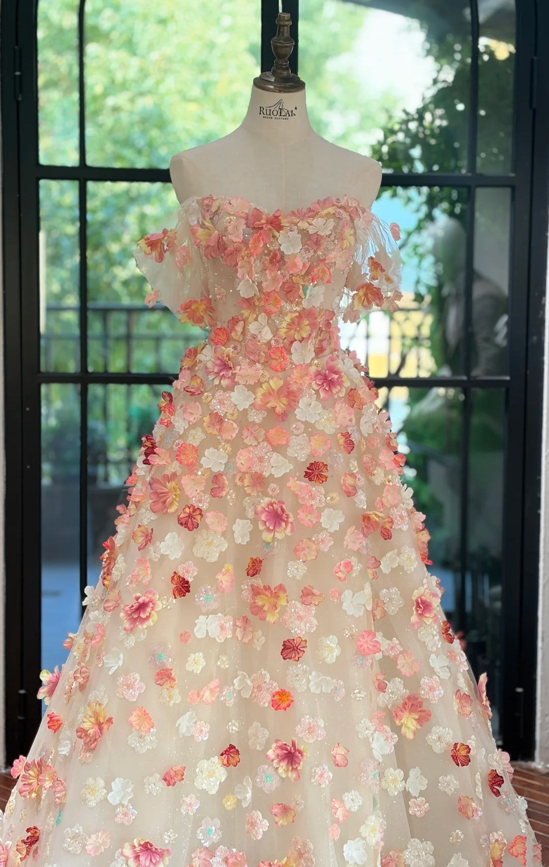New Arrival Prom Dress A Line Off Shoulder Floral Gala Dress Evening Dress 18th Graduation Gown D5335