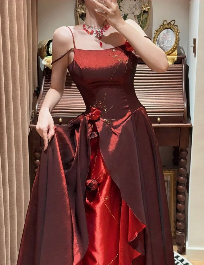 Elegantes Ballkleid Weinrot Spaghettiträger Gala Abendkleid Abschlusskleid 18. Geburtstag D5336