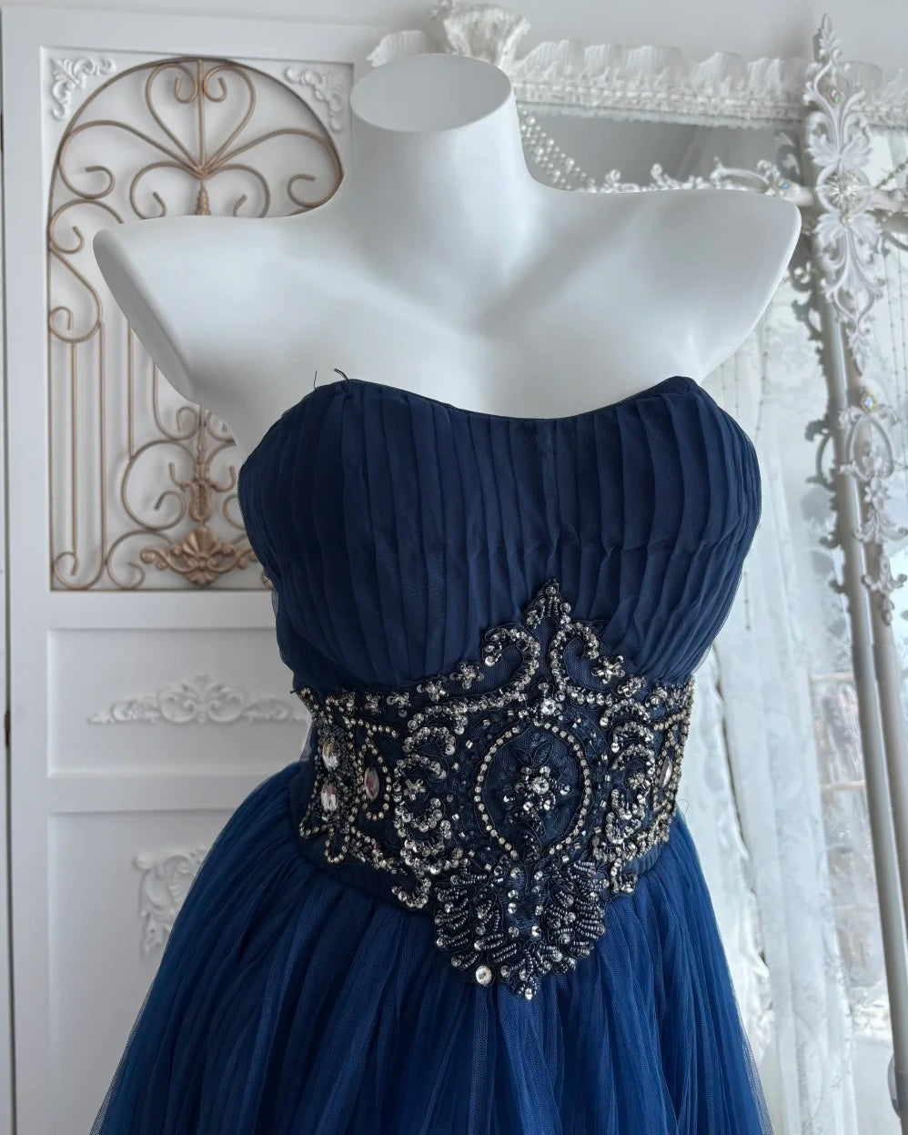 Pretty Prom Dress Navy Blue Strapless Pleated Tulle Gala Dress Evening Dress 18th Birthday Gown D5346