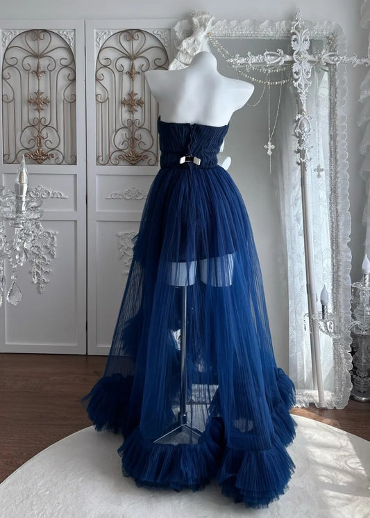 Pretty Prom Dress Navy Blue Strapless Pleated Tulle Gala Dress Evening Dress 18th Birthday Gown D5346