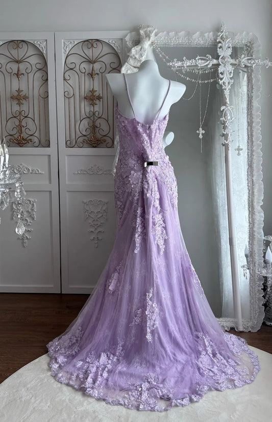 Elegant Prom Dress Lilac Spaghetti Straps Slit Mermaid Gala Dress Evening Dress 18th Birthday Gown D5347