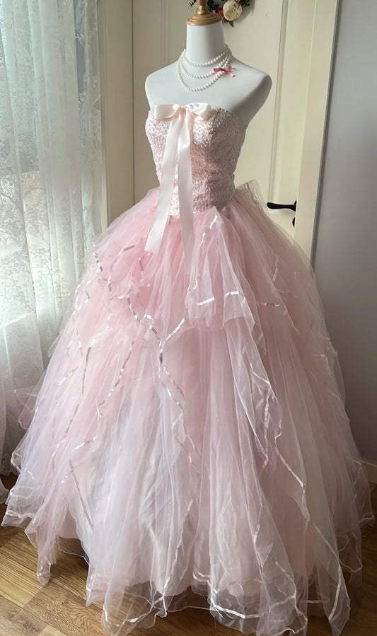 Sweet Ball Gown Light Pink Strapless Pleated Tulle Evening Dress Quinceanera Dress 18th Birthday Prom Gown D5348