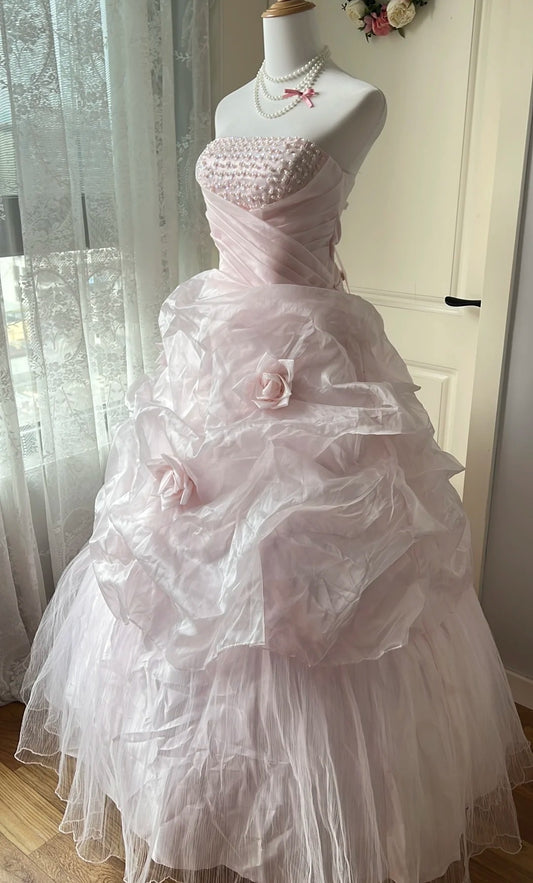 Pretty Ball Gown Light Pink Strapless Pleated Evening Dress Sweet 16th Dress 18th Graduation Gown D5349