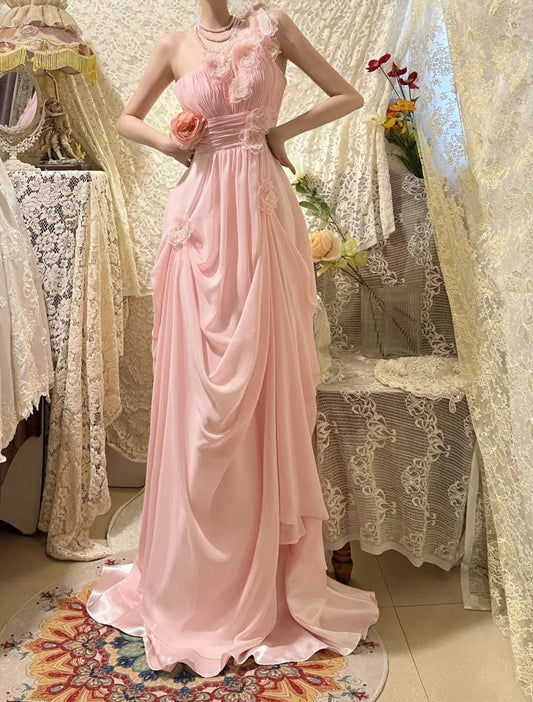 Elegant Prom Dress Pink Chiffon One Shoulder Pleated Gala Dress Evening Dress 18th Birthday Gown D5361