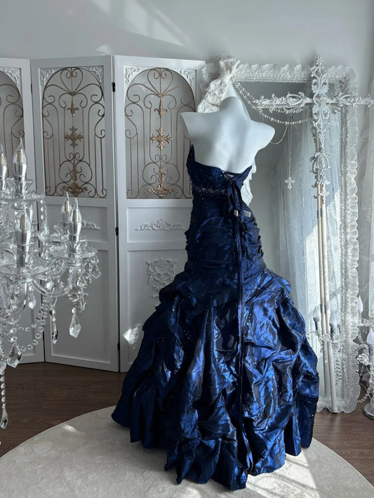Elegant Prom Dress Dark Blue Strapless Pleated Mermaid Gala Dress Evening Dress 18th Birthday Gown D5372