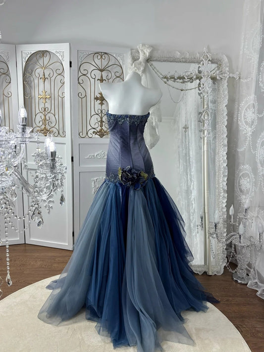 Sexy Prom Dress Strapless Pleated Tulle Mermaid Gala Dress Evening Dress 18th Birthday Gown D5374