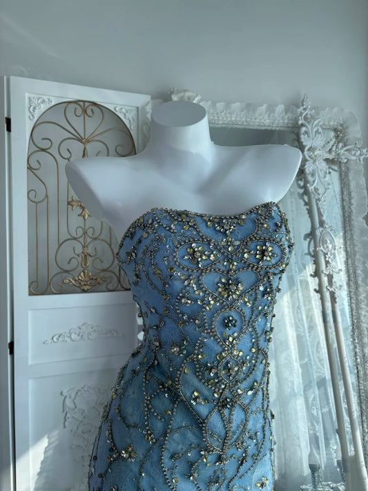 Charming Prom Dress Strapless Pleated Tulle Mermaid Gala Dress Evening Dress 18th Birthday Gown D5378