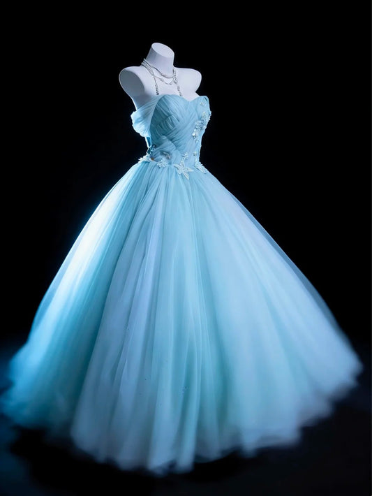 Chic Ball Gown Light Blue Off Shoulder Pleated Tulle Evening Dress Quniceanera Dress Birthday Prom Gown D5396