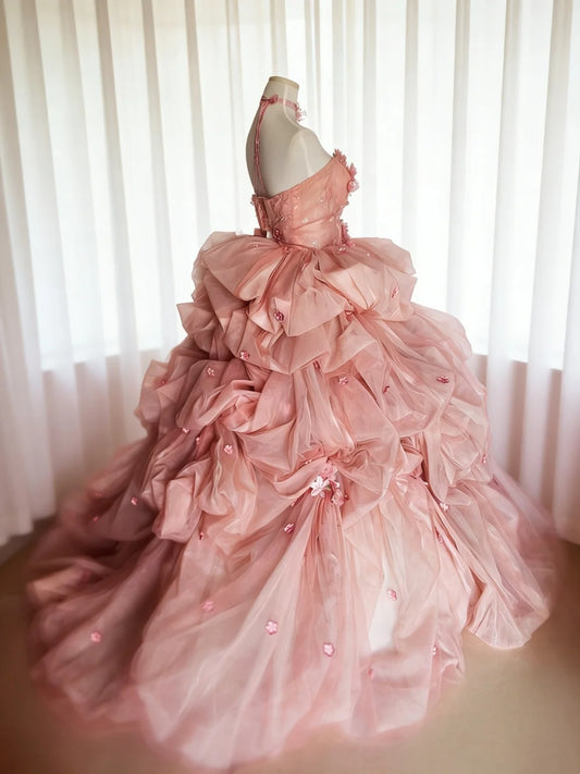 Beauty Ball Gown Pink Strapless Pleated Floral Evening Dress Quniceanera Dress Birthday Prom Gown D5397