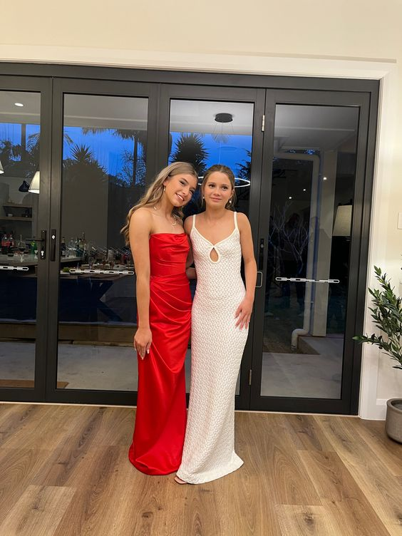 Robe de soirée longue rouge bustier fourreau élégante en satin MD7344