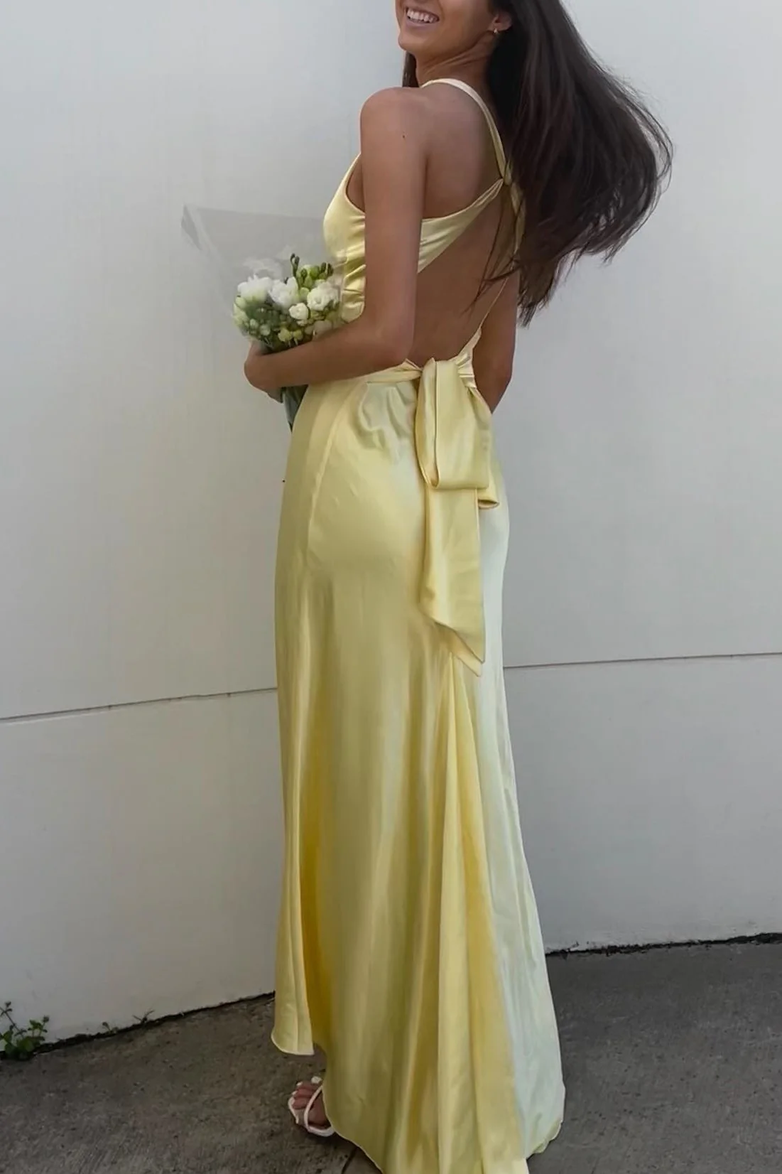 Robe de bal longue et élégante en satin violet, col en V, dos nu, MD7638