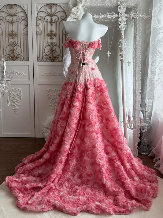 Charming Prom Dress A Line Off Shoulder Floral Gala Dress Evening Dress Formal Gown D5404