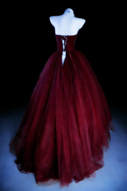Charming Ball Gown Wine Red Strapless Tulle Pleated Evening Dress Quniceanera Dress Birthday Prom Gown D5408