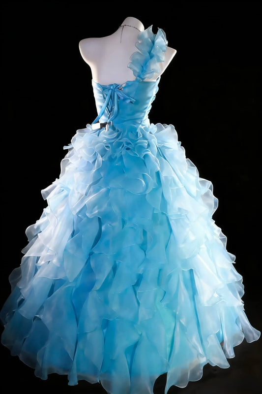 Chic Ball Gown One Shoulder Ruffle Evening Dress Sweet 16th Dress Birthday Prom Gown D5411