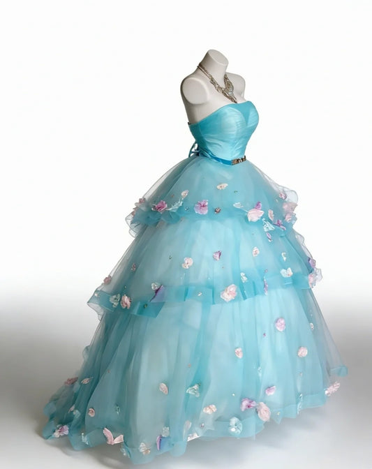 New Arrival Ball Gown Strapless Tiered Tulle Floral Evening Dress Sweet 16th Dress Birthday Prom Gown D5412
