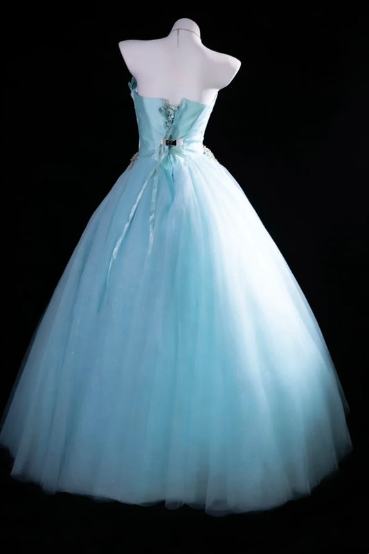 Elegant Ball Gown Light Blue Strapless Pleated Tulle Evening Dress Sweet 16th Dress Birthday Prom Gown D5413
