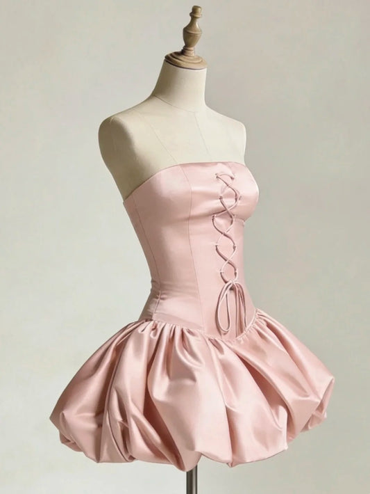 Charming Homecoming Dress Pink Strapless Pleated Short Prom Dress Back to School Outfits Party Dress D5450