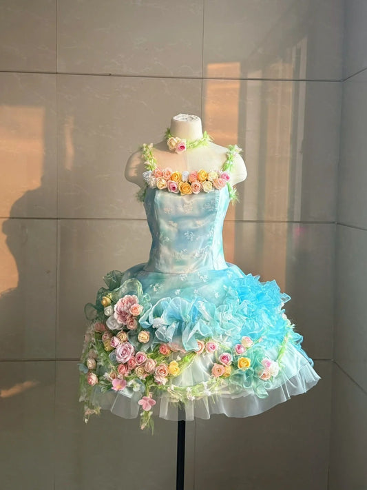 Colorful Homecoming Dress Spaghetti Straps Flower Pleated Short Prom Dress Back to School Outfits Party Dress D5454