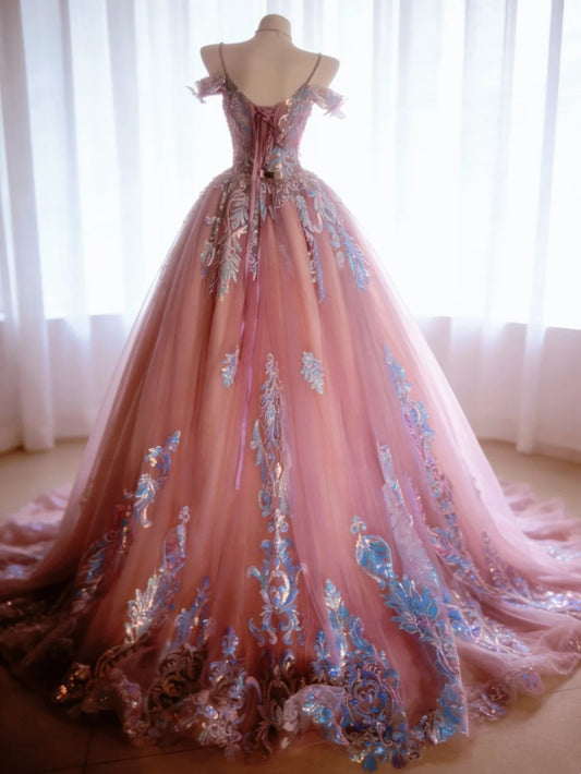 Chic Ball Gown Spaghetti Straps Pleated Tulle Evening Dress Quinceanera Dress Birthday Prom Gown D5461