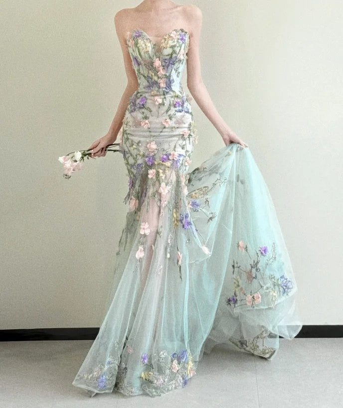 Pretty Prom Dress Strapless Tulle Floral Mermaid Gala Dress Evening Dress D5465