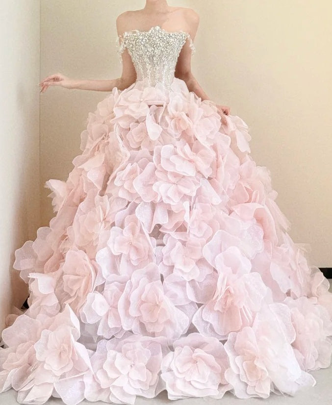 Gorgeous Ball Gown Light Pink Off Shoulder Flower Evening Dress Quinceanera Dress Birthday Prom Gown D5470