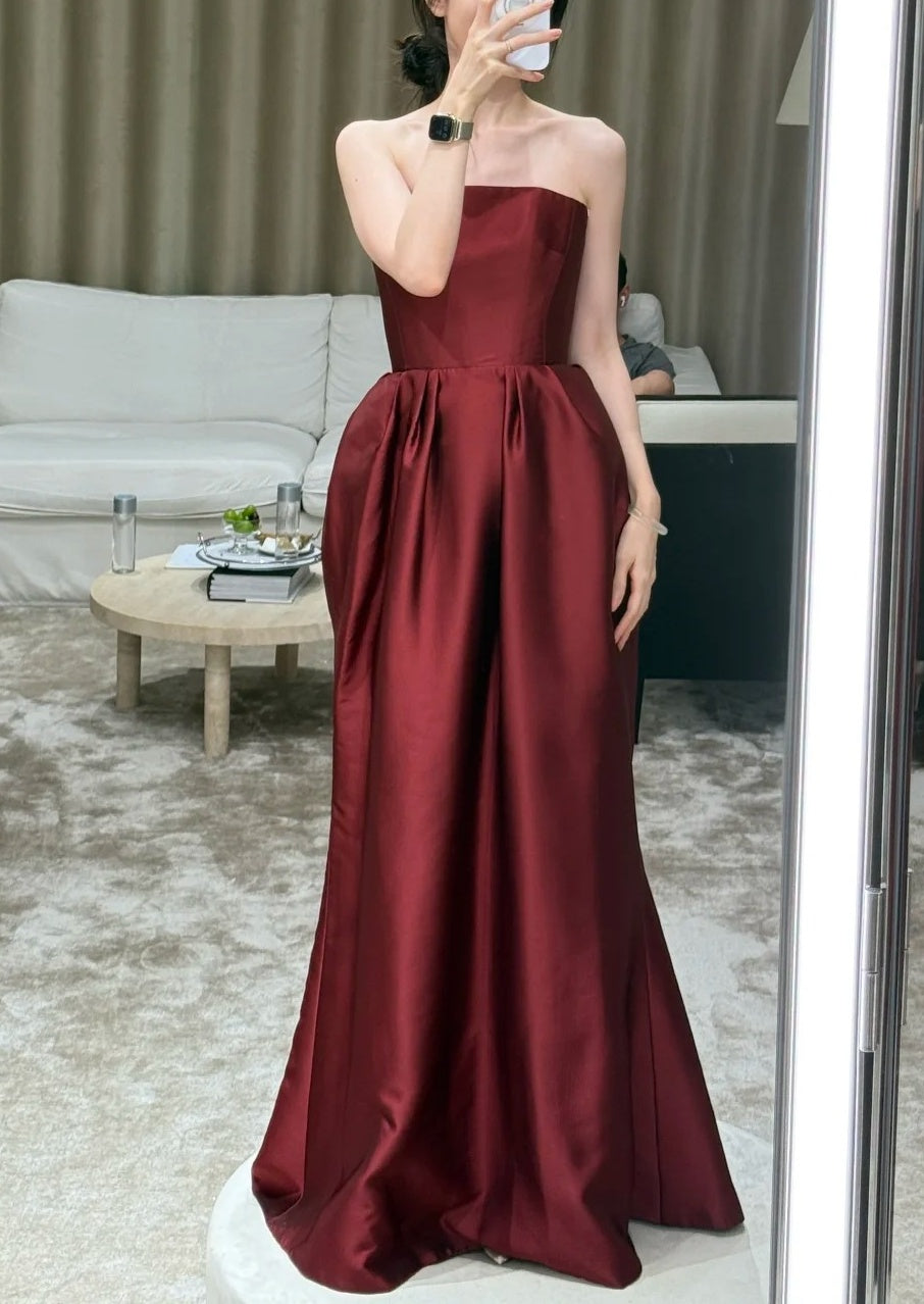 Elegantes Ballkleid Weinrot Trägerloses Satin Gala Kleid Abendkleid D5477