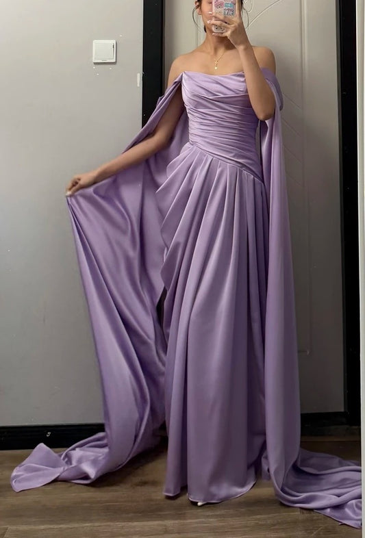 Elegant Prom Dress Satin Lilac Off Shoulder Pleated Gala Dress Evening Dress D5482