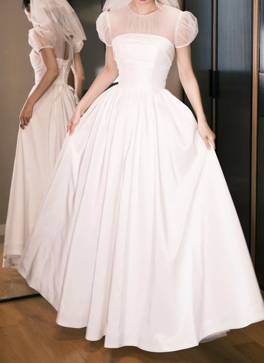 Elegant Prom Dress A Line White Crew Neck Pleated Gala Dress Evening Dress D5485