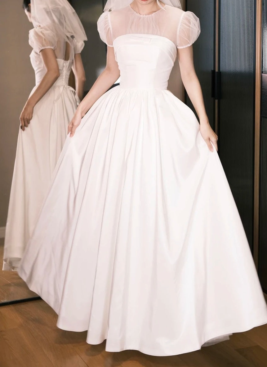 Elegant Prom Dress A Line White Crew Neck Pleated Gala Dress Evening Dress D5485