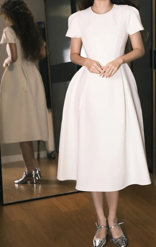 Minimalist Prom Dress A Line White Crew Neck Pleated Gala Dress Evening Dress D5486