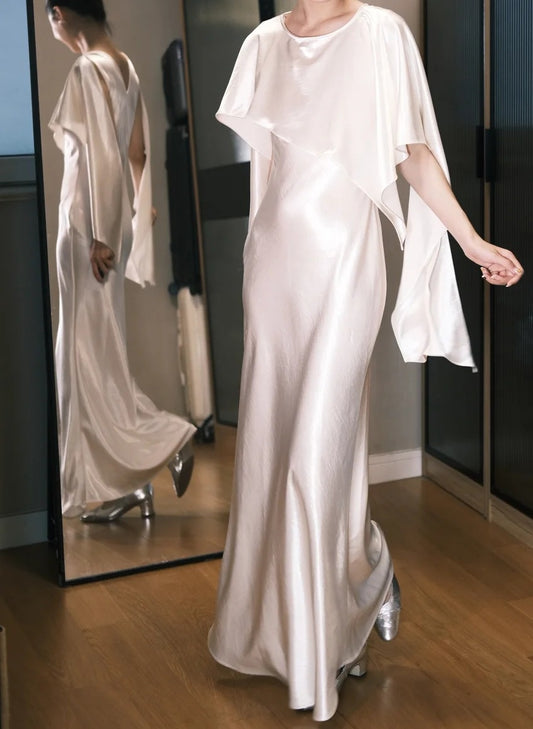 Elegant Prom Dress Satin White Crew Neck Pleated Gala Dress Evening Dress D5487