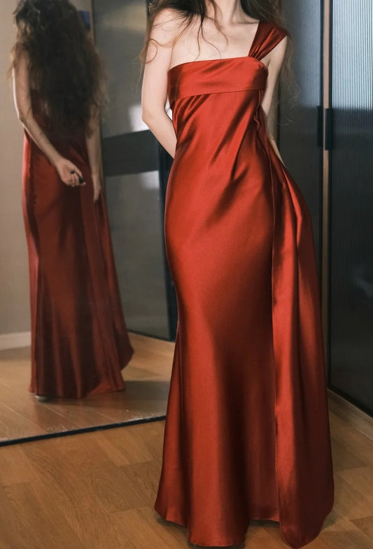 Elegant Prom Dress Wine Red Satin Off Shoulder Pleated Gala Dress Evening Dress D5490