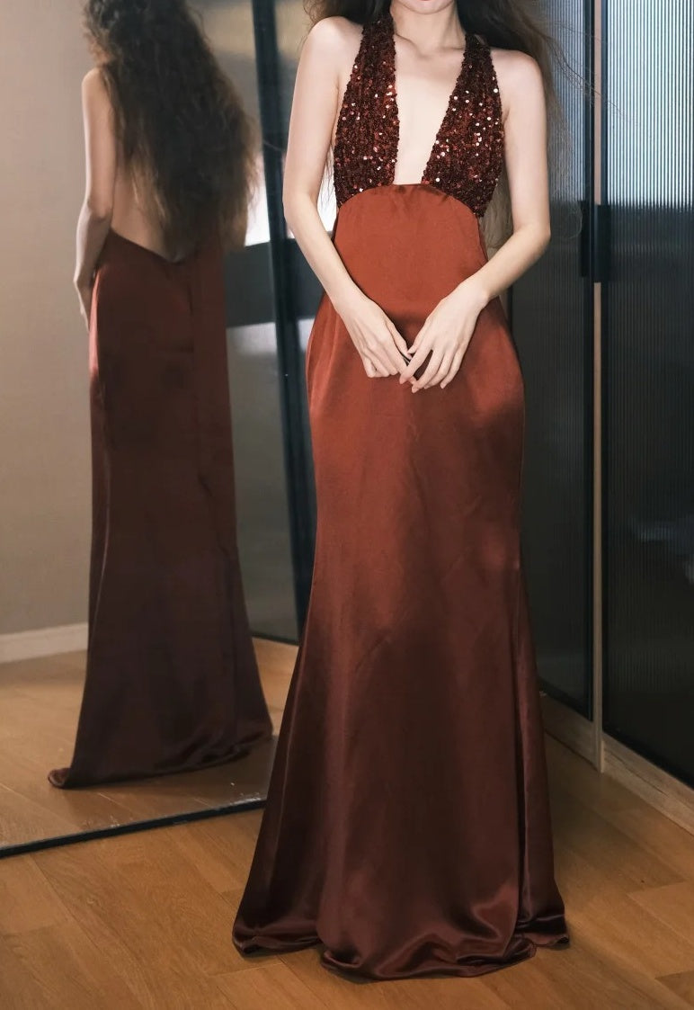 Wunderschönes Ballkleid Weinrot Satin Neckholder Galakleid Abendkleid D5491