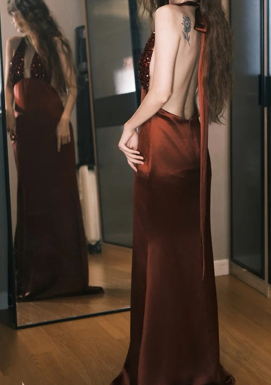 Gorgeous Prom Dress Wine Red Satin Halter Gala Dress Evening Dress D5491
