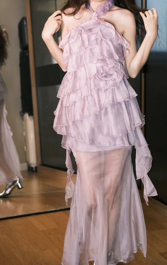 Stunning Prom Dress Purple Halter Ruffle Gala Dress Evening Dress D5498