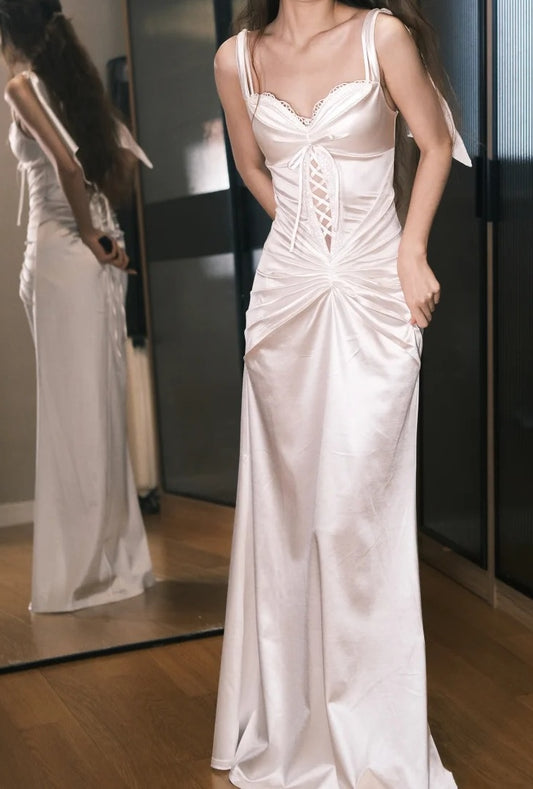 Stunning Prom Dress White Satin Spaghetti Straps Pleated Gala Dress Evening Dress D5499