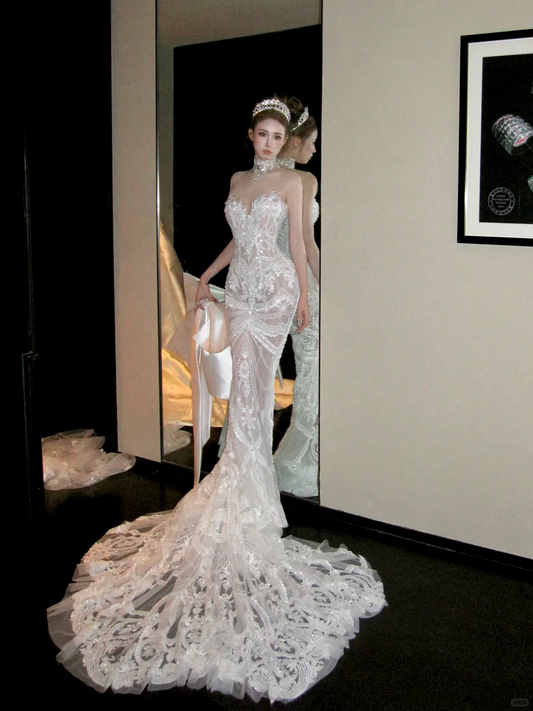 Elegante glitzernde Perlen Pailletten Applikation Sweetheart Design Meerjungfrau Brautkleid Ballkleid Abendkleid D1718