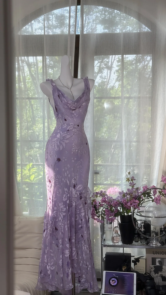 Vintage Hellviolett Blumenapplikation Meerjungfrau Wasserfallausschnitt Design Satin Ballkleid Abendkleid D1702